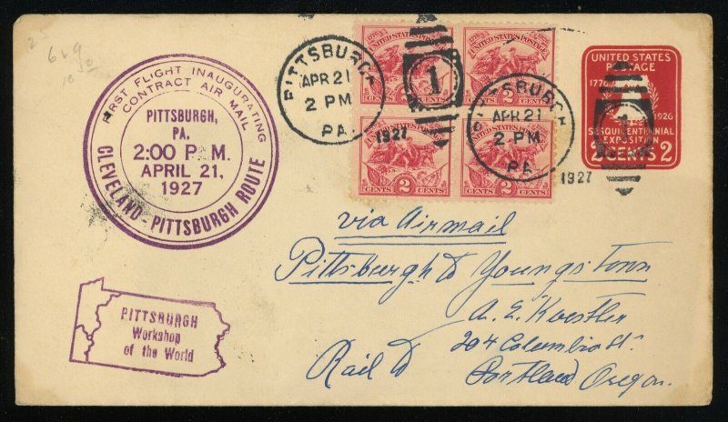 Pittsburgh to Chicago 1927 First Flight Airmail Cover 10c Postage #629 #U522 USA