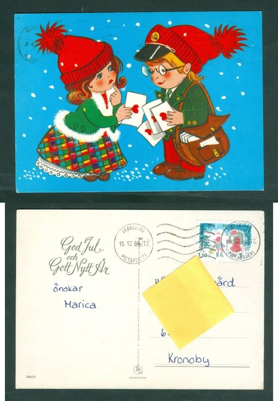 Finland. 1986 Christmas Card. Jacobstad. Children,Postman,Letters. Sc# 698. Adr.