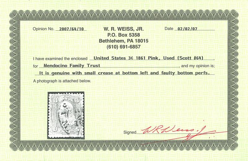 U.S. #64 Used with Weiss Cert Cat$700