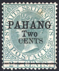 Malaya Pahang 1891 2c on 24c Grn CERT SG 10(8) Scott 10(d) MH Cat£1,100($1,440)