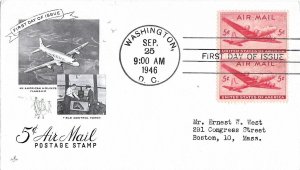 1946 Air Mail FDC, #C32, 5c DC-4, Art Craft, vertical pair