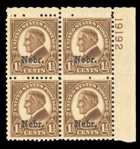 United States, 1910-30 #670 Cat$95, 1929 1 1/2c brown, plate block of four, n...