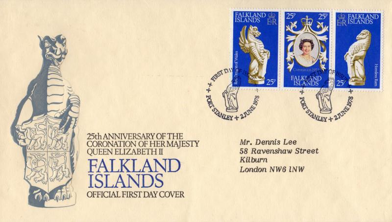 Falkland Islands 1978 Sc#275a-c 25th.Annv.Coronation Q.E.II Strip FDC