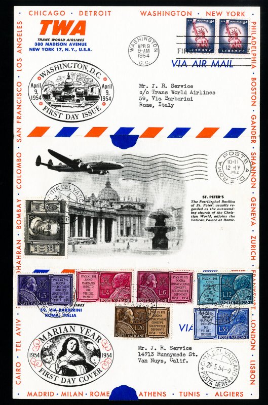US To Vatican Rare 1954 Flight Stamp Cover 