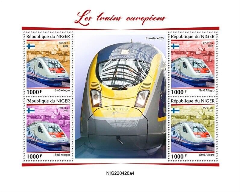 Niger - 2022 European Trains on Stamps - 4 Stamp Sheet - NIG220428a4