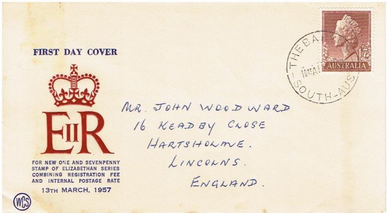 AUSTRALIA FDC 1/7p  - MARCH 13, 1957, ADDRESSED TO ENGLAND