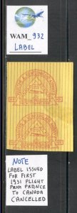WAM_932. NEWFOUNDLAND. Pair of rare 1931 labels for 1st flight FRANCE-CANADA.