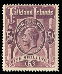 Falkland Islands #38 Cat$300, 1914 5sh plum, hinged