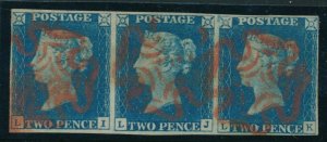 SG 5 1840 2d Blue Strip of 3, plate 1 very fine used with Red Maltese...  