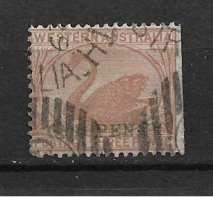 1893 Western Australia Sc70 One Penny overprint on 3p Swan used