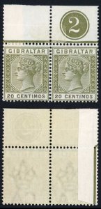 Gibraltar SG28 20c Olive green and Brown U/M Plate Pair (Right Stamp Creased)