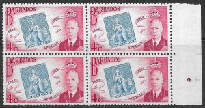 Barbados Scott 231 MNH 4c Stamp Centenary issue of 1952,  Block of 4, Guide Dot