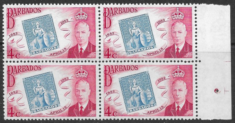 Barbados Scott 231 MNH 4c Stamp Centenary issue of 1952,  Block of 4, Guide Dot