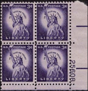 US #1035c LIBERTY MNH LR PLATE BLOCK #25608 DURLAND .40¢