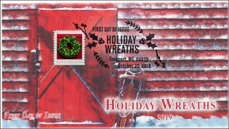 19-280, 2019, Holiday Wreaths, Pictorial Postmark, FDC, Christmas