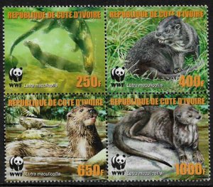 Ivory Coast Michel's #1349-52 MNH Block - WWF - Otters