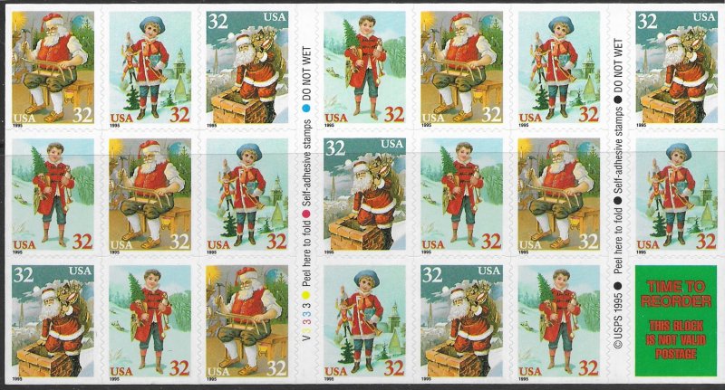 US #3011a Complete Booklet of 20. Santa, Children.  Very Nice.