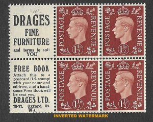 Great Britain # 237c George VI - booklet pane 4+labels INVERTED  (1)Mint NH