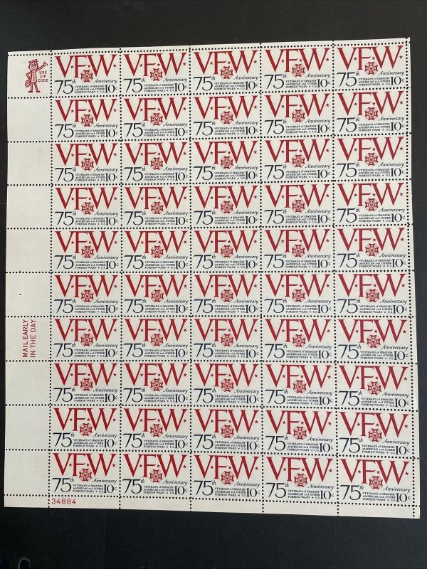 1974 VFW 75th Anniversary sheet of postage stamps, Sc# 1525