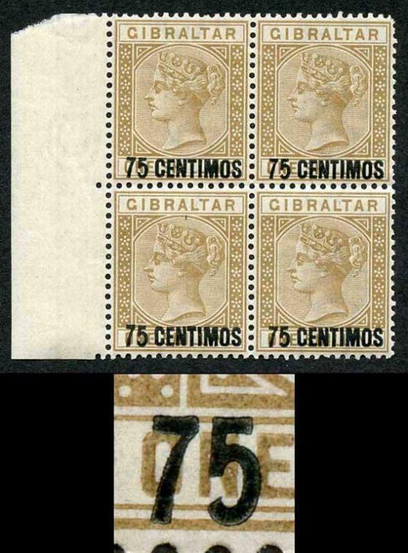 Gibraltar SG21/a 75c on 1/- Bistre Variety 5 with short foot (x 2) in U/M BLOCK