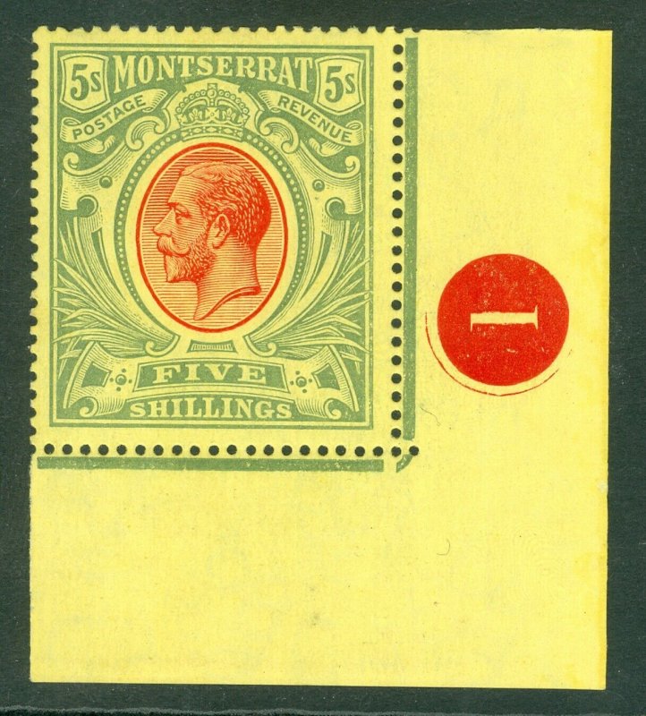SG 48 Montserrat 1914. 5/- red & green. A pristine very lightly mounted...
