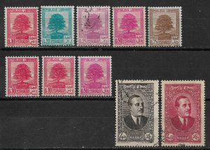 Lebanon 1937-40, Lot of 10 stamps ,Sc # 137-138A, 143D, VF Mint Hinged*OG/Used