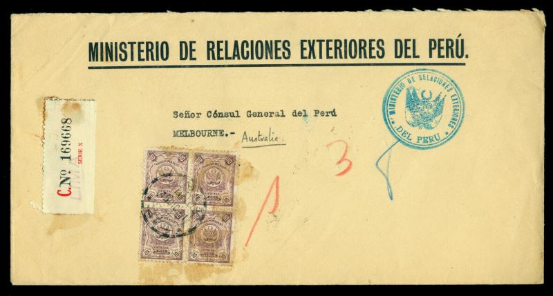 PERU 1931 OFFICIAL REGISTERED Consular MAIL cover w/10cx4  Sc# O29a to AUSTRALIA