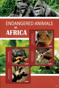 Tanzania 2015 - Endangered Animals, Lemur, Gazelle, Tortoise - Sheet of 4v - MNH