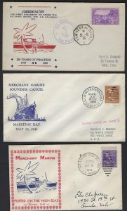 US 1939 41 THREE COVERS POSTED ON THE HIGH SEAS PAQUBOT HAVRE IN FRANCE VALPARAS