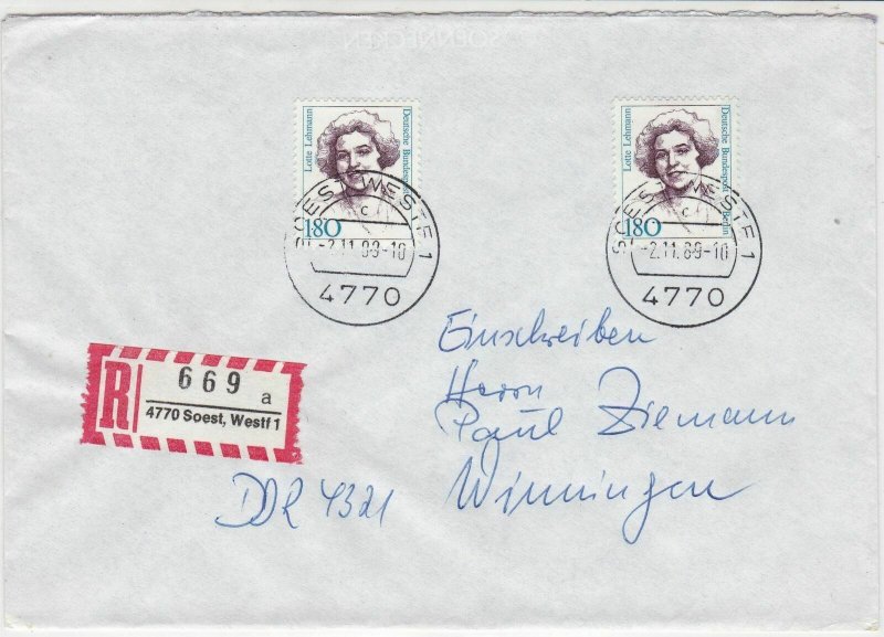 Germany 1989 Famous German Women Lotte Lehmann Registered Stamps Cover Ref 24614