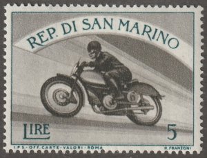 San Marino, stamp, Scott#349, mint, hinged,  5 Lire, motorcycle, sports