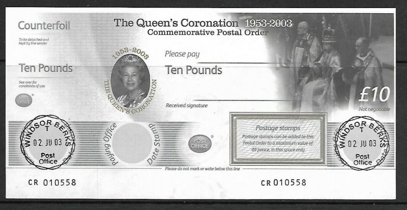 2003 The Queen's Coronation Commemorative £10 Postal Order