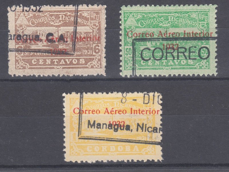 Nicaragua Sc C37-C39 used 1939 red 2-line CORREO AEREO INTERIOR ovpts, F-VF 