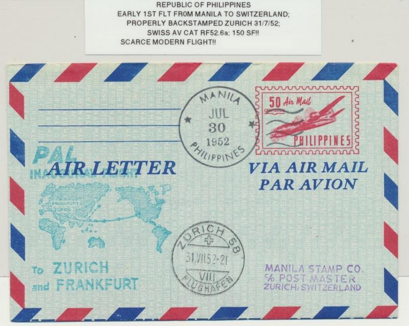 PHILIPPINES 1952 EARLY 1sT FLT MANILA-SWITZERLAND av#RF52.6a (SEE BELOW)