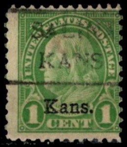 1929 US Scott #- 658 1 Cent Ben. Franklin Kansas Ovp't. Precancel Salina...