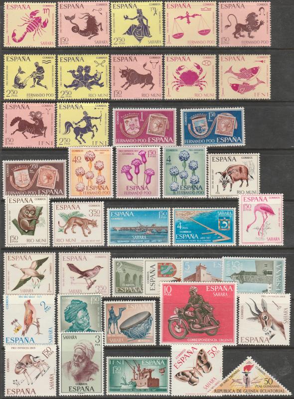 SPANISH COLONIES, GROUP OF 40 PICTORIALS INCLUDING 12 ZODIAC SIGNS. MNH.