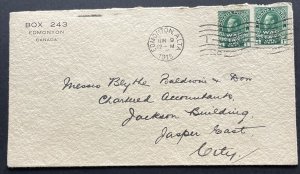 CANADA GV SG228, 1c green, USED. 1915 1c green pair used on cover