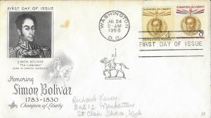 1958 FDC, #1110-1111, 4c/8c Simon Bolivar, Art Craft
