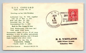 1935 USS Concord Light Cruiser #10 14th Birthday - F8493