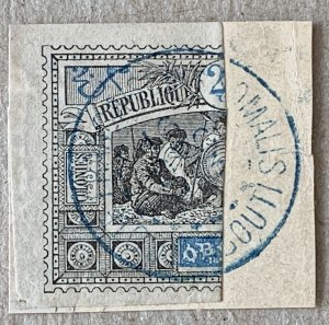 Obock 1894 25c BISECT used on piece with blue DJIBOUTI cds. Scott 53