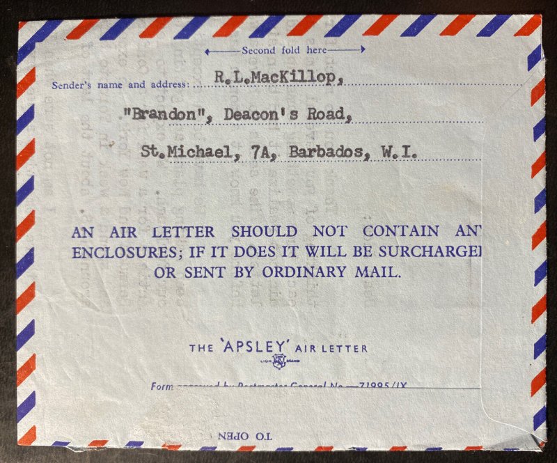 1960 Barbados Air Letter COver To Halifax Canada