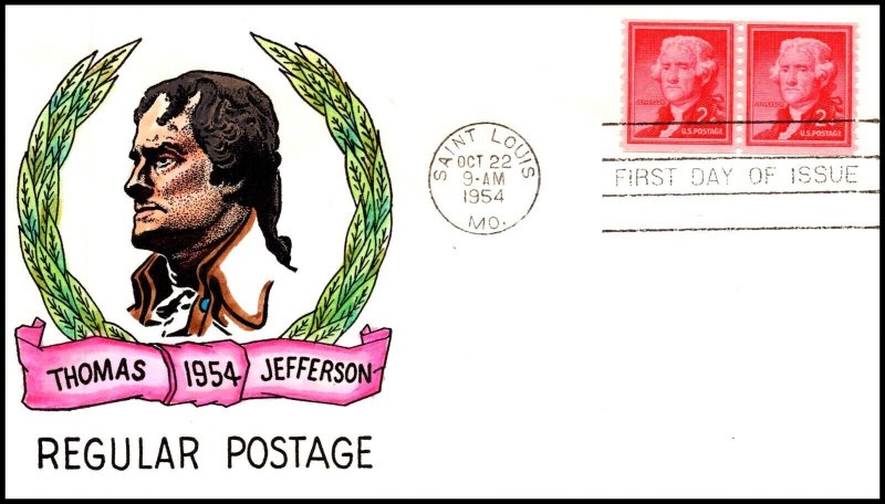 Scott 1055 2 Cents Jefferson Knoble Hand Painted FDC Coil Pair Planty 1055-32