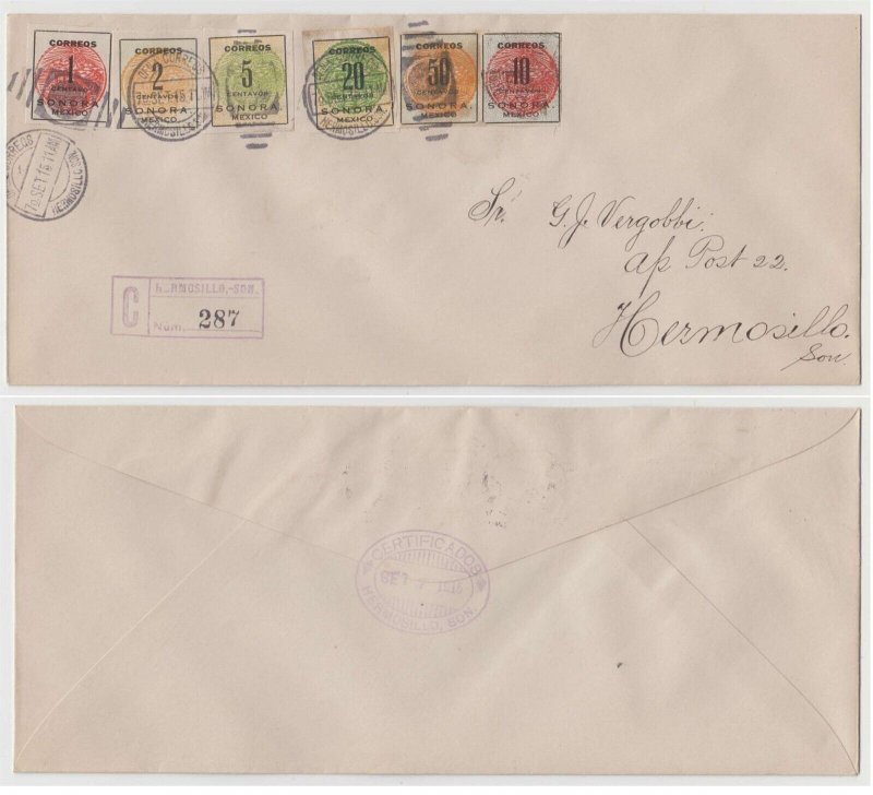 MEXICO 1915 Sc 394-398 & 400 TOP VALUE ON TWO R-COVERS HERMOSILLO SON Cds' 