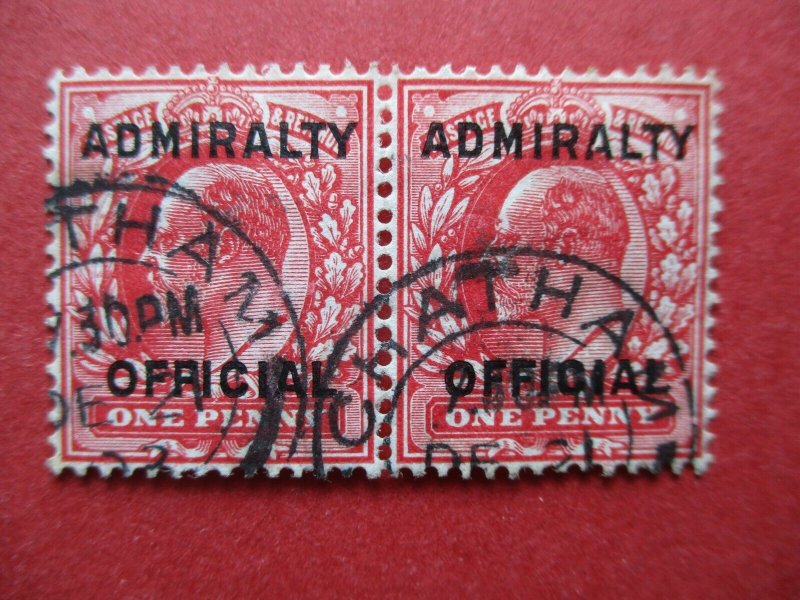 SGo108 Edward VII 1902 1d Red 011 Admiralty Official Pair Chatham Postmark Used 