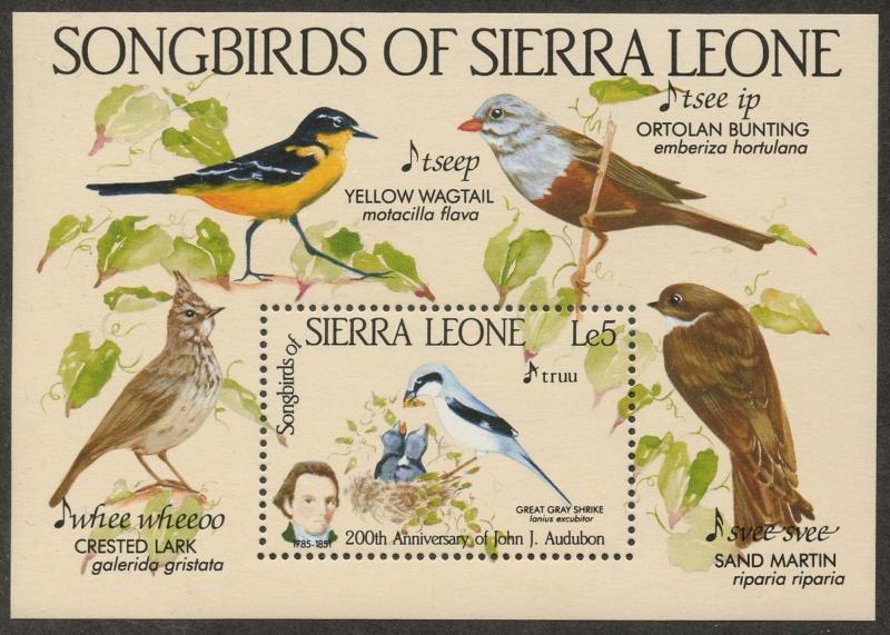 SIERRA LEONE Sc#675 1985 Audubon Anniversary Birds S/S OG Mint NH