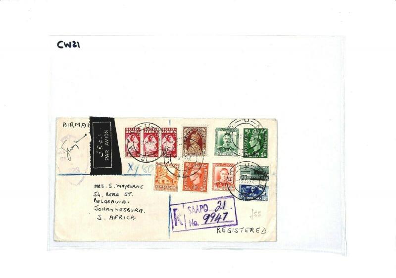 GB S AFRICA N ZEALAND  *SAAPO* Franking REGISTERED{samwells-covers}1945 WW2 CW21