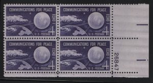 US, 1173, MNH, PLATE BLOCK, 1960, ECHO I - COMMUNICATIONS FOR PEACE ISSUE