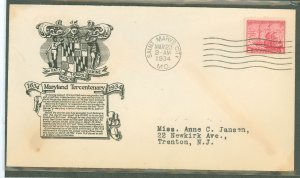 US 736 1934 3c Maryland Tercentenary on an addressed (typed) FDC with an Anderson cachet