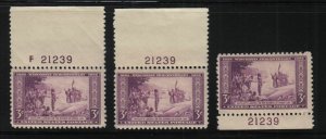 1934 Wisconsin Tercentenary 3c purple Sc 739 MNH matched plate numbers 21239 (G