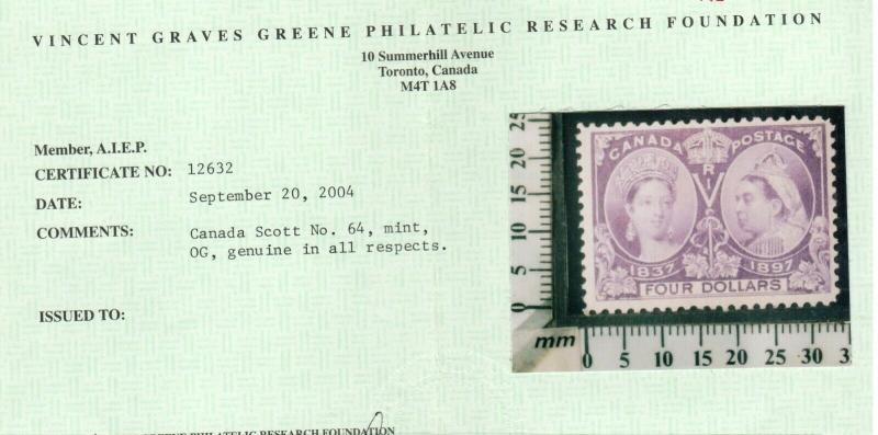 Canada #64 Very Fine Mint Full Original Gum Very Lightly Hinged **With Cert.**